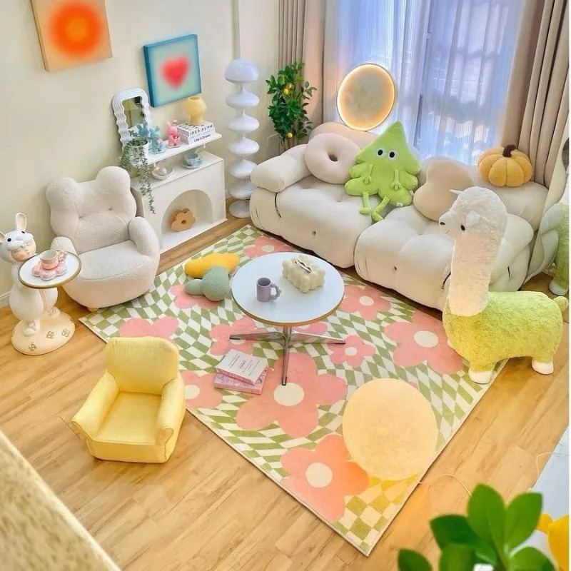 핑크 블루 체커 보드 침대 옆 카펫 귀여운 도파민 침실 - Outdoor Lighting Online 리뷰 및 가격