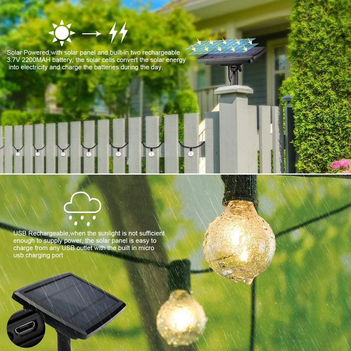충전식 태양열 LED 스트링 조명, 야외 G40 플라스 - Outdoor Lighting Company 리뷰 및 가격
